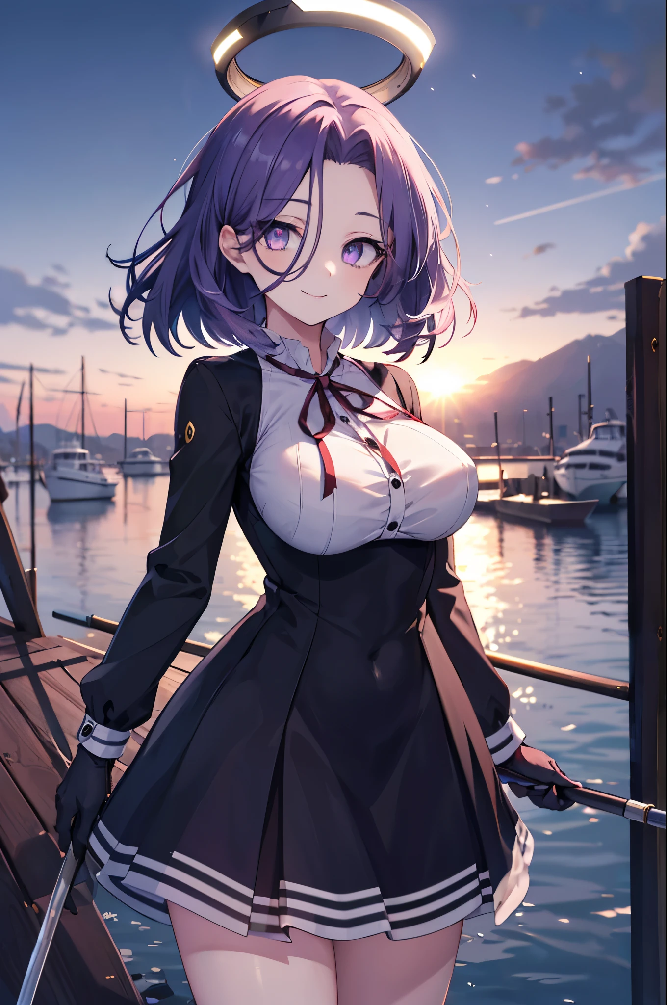 masterpiece, best quality, highres, mechanical halo, (big_breasts:1.2), black dress, neck ribbon, long sleeves, black gloves, outdoors, cowboy shot, standing, holding weapon, polearm,smile,,harbor_town_landscape,purple_halfeyes,(scornful eyes:1.4)