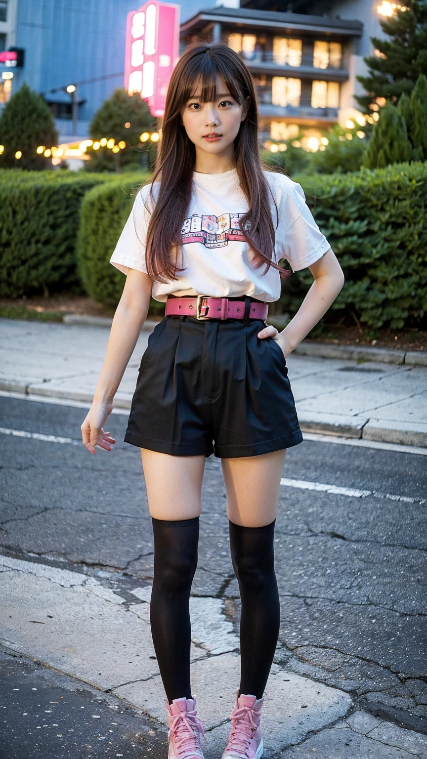 (8k、RAW Photos、Highest quality、masterpiece:1.2)、(Highest quality、Realistic)、1 girl、((Pink and black、Pink Hair、ガーターbelt、Arm Covers、Shorts、tights、gloves、belt、ribbon、See through、Thin legs、whole body、boots、Night stage、View from the front、Looking into the camera、Stand with hands on hips))、cute