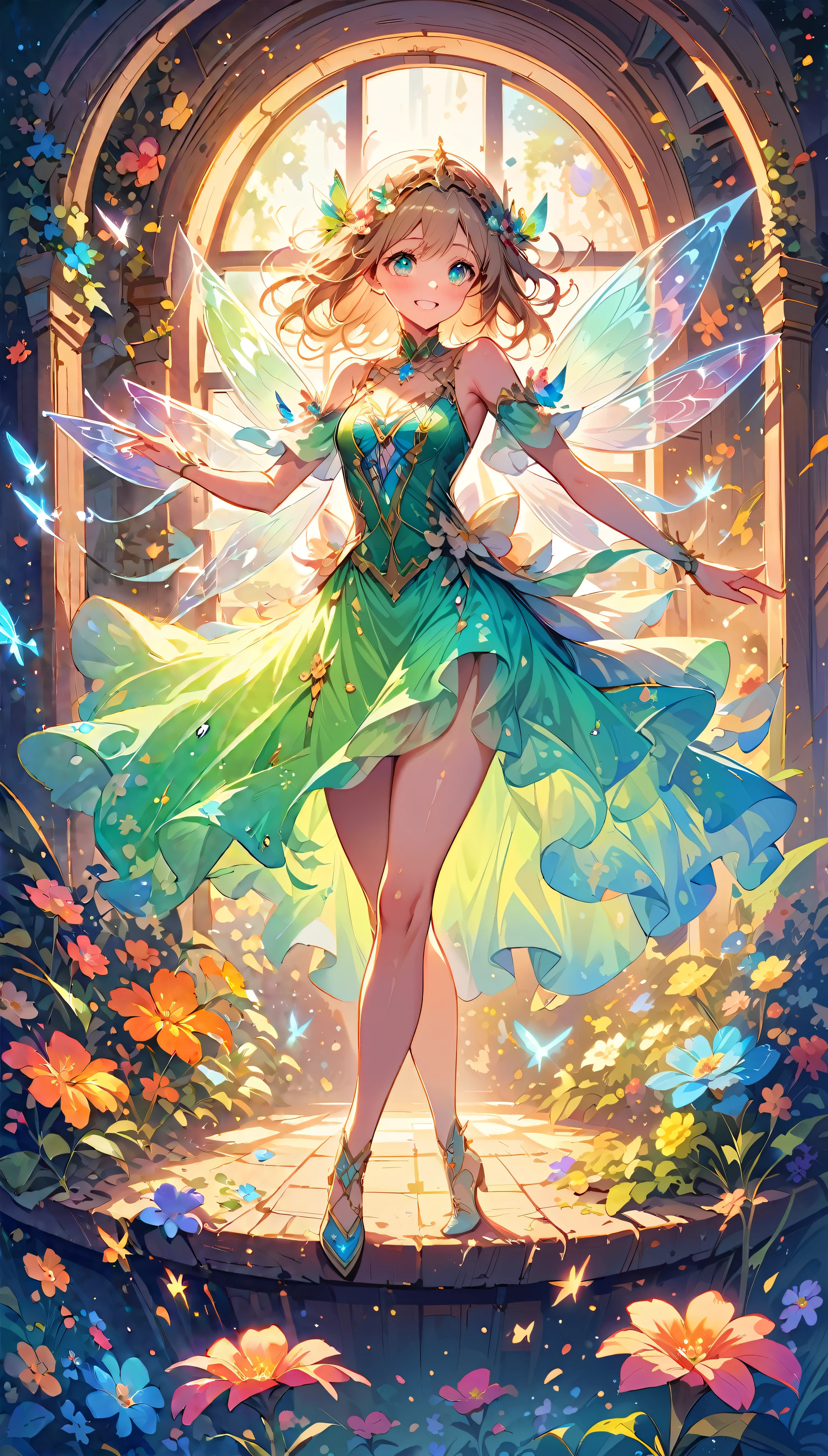 Dancing Fairies, ((Strange creatures outside your window, Focus on dancing fairies and flowers:1.2)), Beautiful detailed eyes, Beautiful detailed lips, Highly detailed faces and features, Long eyelashes, Shiny fairy wings, fairy dance:1.4, Dance Motion, ((A window to another world, Only the outside of the window connects to another world)), A safe space, A one-way window connecting the world, Powerful strokes, Excited state, strength, Impact, energy,