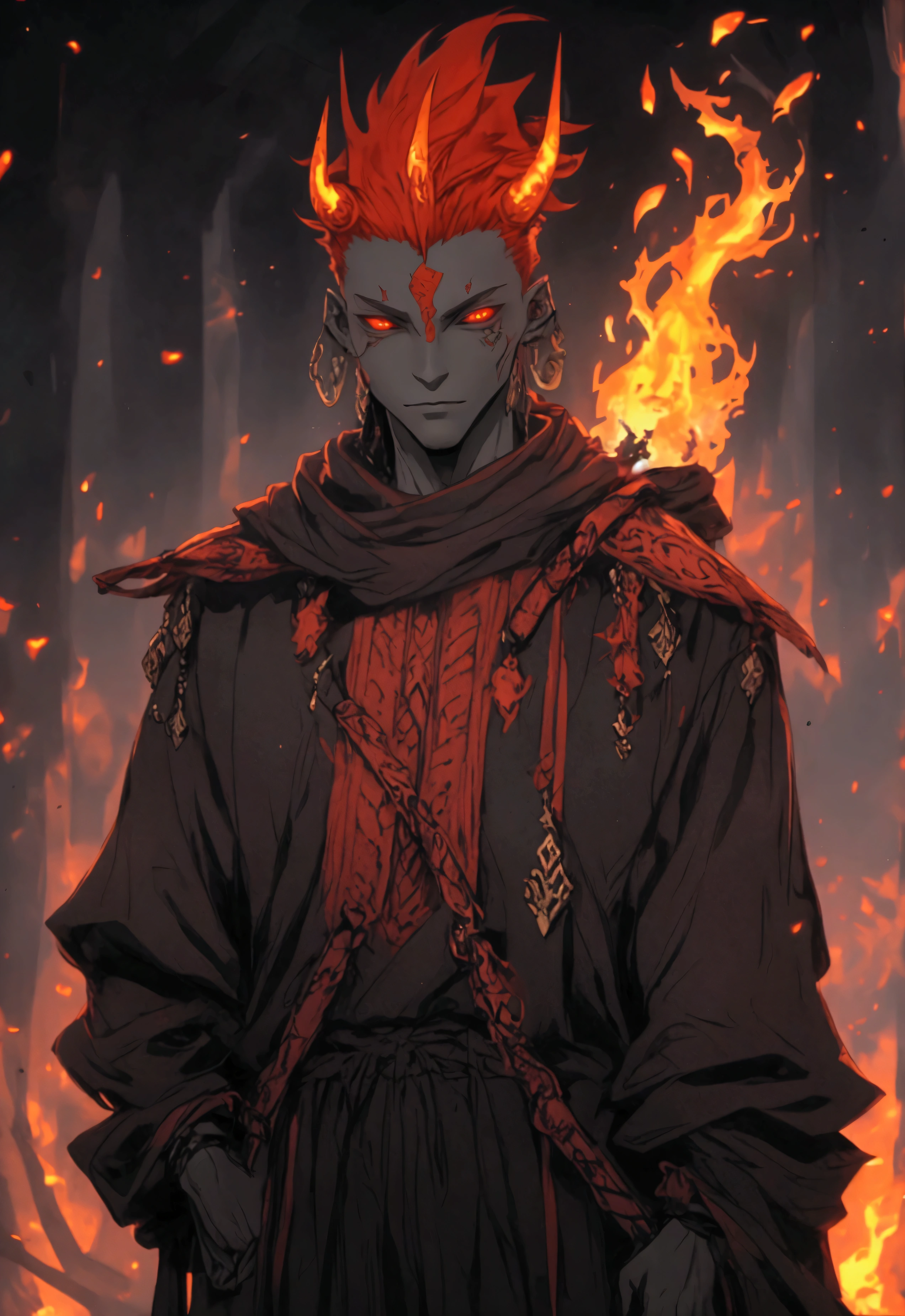 1 male demon with gray skin with very thin fiery horns coming from the front of his forehead, ((fire hair)) ((with baggy clothes style oriental rpg world)) (perfect human eyes) work of art, best qualityer, (full viwer), bottom clean.