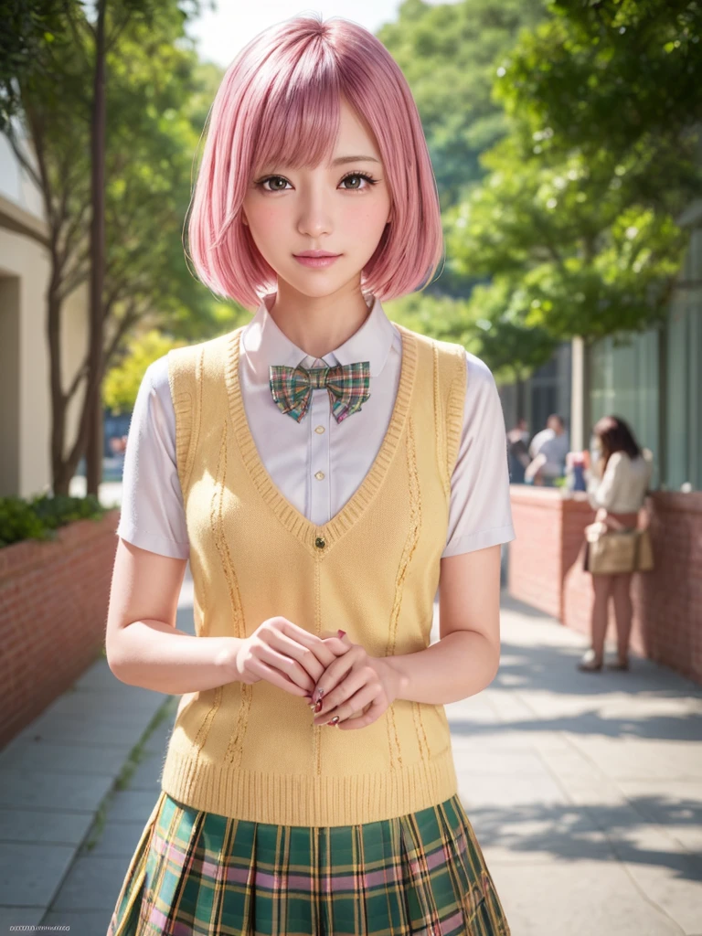 ph momo, momohd, phmomo, solo, 1girl,  pink hair, purple eyes, short hair, hair flower, sweater vest, ,(yellow sweater:1.2), big eyes, plaid skirt, black thighhighs, (masterpiece:1.6, best quality),  (finely detailed beautiful eyes: 1.2), ultra-detailed, illustration,beautiful detailed eyes, (yandere:1.4), (empty eyes),  backlighting, looking at viewer, blush, smile, (masterpiece, finely detailed beautiful eyes: 1.2), detailed eyes, hyper detailed,light smile, highly detailed, beautiful, small details, ultra detailed, best quality, intricate, hyperrealism, sharp, digital illustration, detailed, realism, intricate, 4k, 8k, trending on artstation, good anatomy, beautiful lighting, award-winning, photorealistic, realistic shadows, realistic lighting, beautiful lighting, raytracing, intricate details, moody, rule of thirds, masterpiece, (illustration:1.1), highres, (extremely detailed CG, unity, 8k wallpaper:1.1), beautiful face, highly detailed face, ultra realistic, masterpiece, bokeh, pink hair,extremely detailed, intricate, zoomout, colorful, vibrant colors, red nail polish, side view,standing,whole body,green skirt, plaid, plaid skirt, sainan high , , skirt, sweater vest,