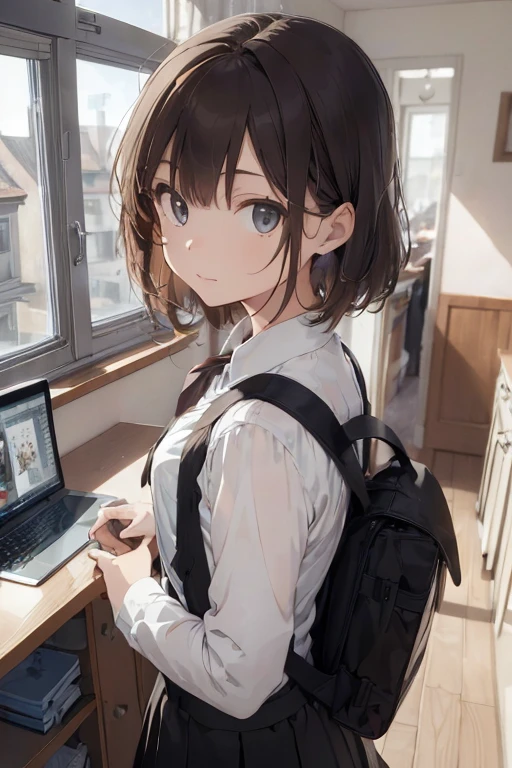 ((best qualityer)), ((work of art)), (detailded), girl with medium light brown hair, dark shaped eyes,wearing an esvolar uniform with skirt and tie and long-sleeved blouse, with a backpack on your back, in a small room with a clear view and white, window appearing, to bed, computer and a gray cat