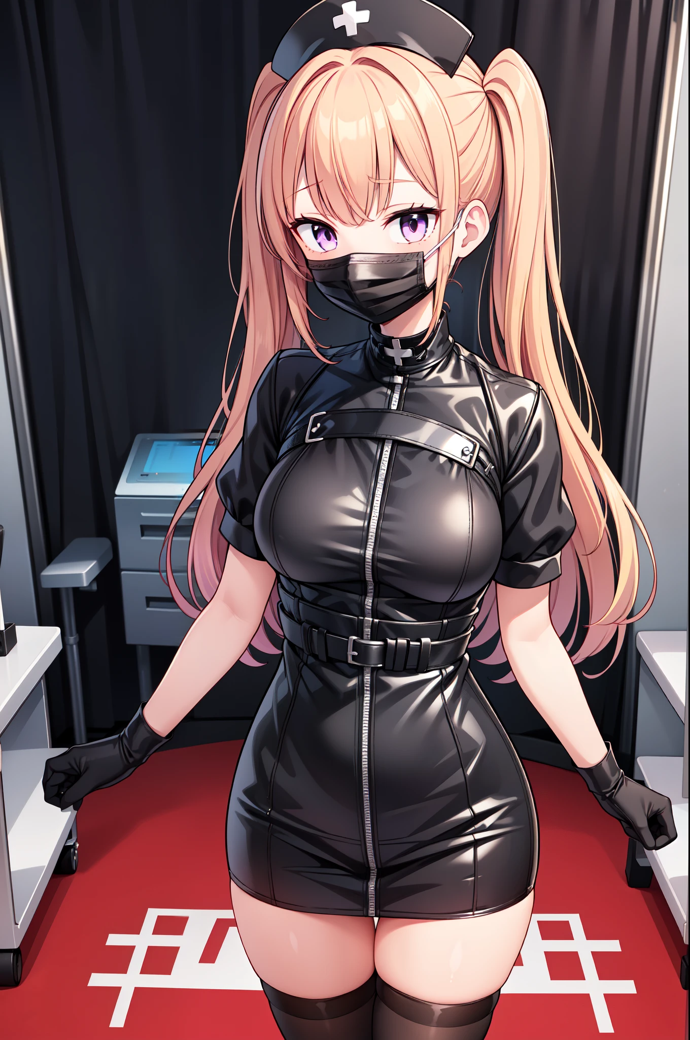 black nurse, 1girl, solo, black nurse cap, black nurse uniform, ((black legwear, zettai ryouiki)), black elbow gloves, twintails, yellow hair, purple eyes, ((black surgical mask, covered nose)), standing, ((surgery room)), sharp outline, short sleeves, best quality, masterpiece