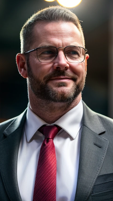 An award-winning original photo，A wild muscular man, (40 years old daddy:1.1), 1boy, Solo, (black suit), (white dress shirt), (red print necktie), black trouser, (big shoulders), musculature, stubbles, Short beard, (Detailed body), wearing glasses, slight smirk, Dynamic Angle, volumetric lighting, (Best quality, A high resolution, Photorealistic), Cinematic lighting, Masterpiece, RAW photo, Intricate details, hdr, depth of field, upper body shot, (realistic:1.2)