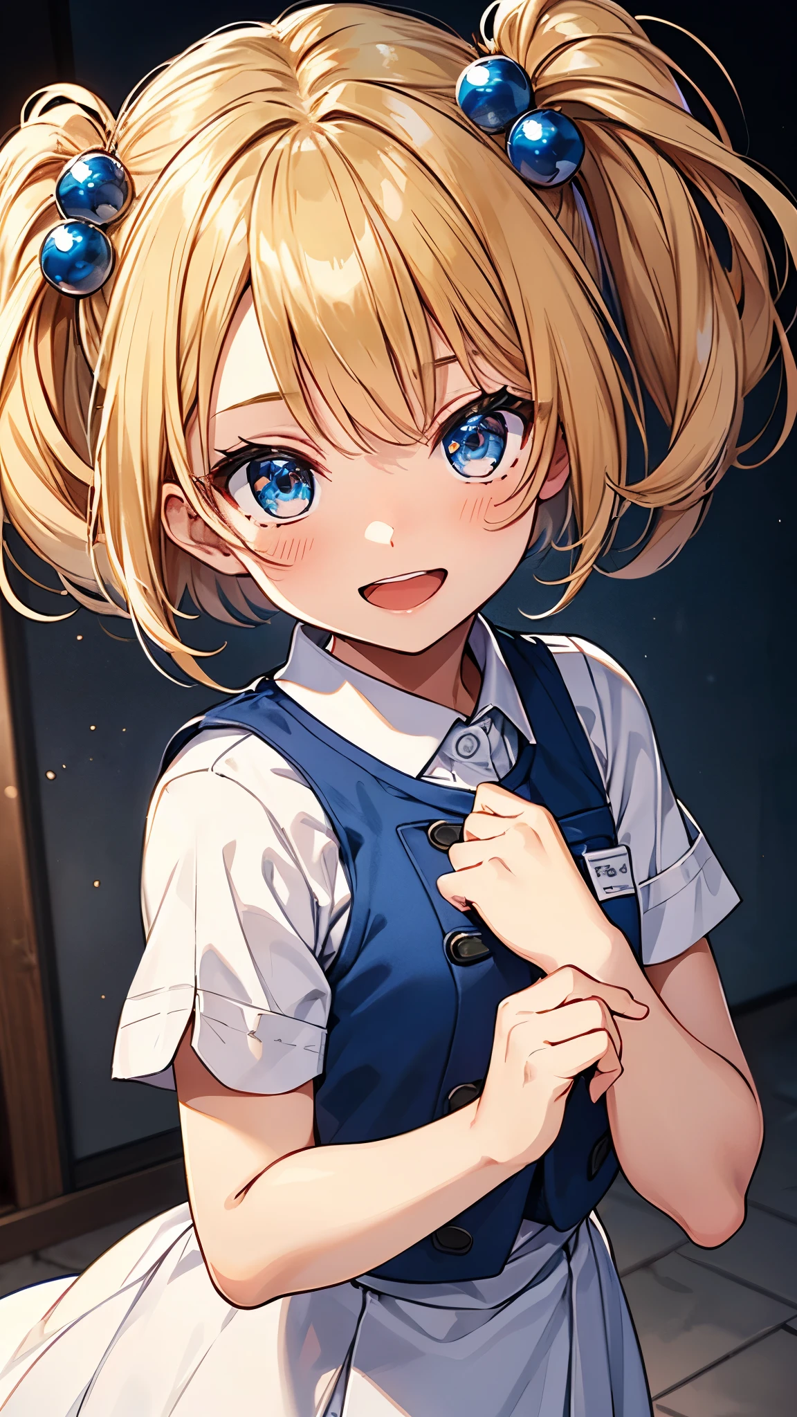 1girl,solo,pulesia,blonde hair,short hair,(blue vest,white dress),(Side pony tail),hair bobbles,(chibi:1.3),boots,(upper body:1.3),open mouth,smile,blush,masterpiece,Noise Reduction,perfect anatomy,high resolution, ultra-detailed, ultra-detailed face,game cg,dutch angle ,beautiful detailed eyes,visualart,five fingers, perfect hands, perfect lighting, 