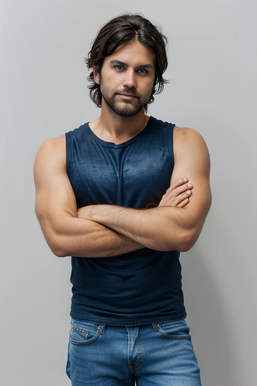 35 year-old Male, white male, tanned skin, handsome, black hair,  and stubble beard, deep blue eyes,  muscular body and thin, wearing a sleeveless t-shirt and jeans, straight nose, oval face, canadian, his hair is below his ears, tousled messy hair badass, smirk