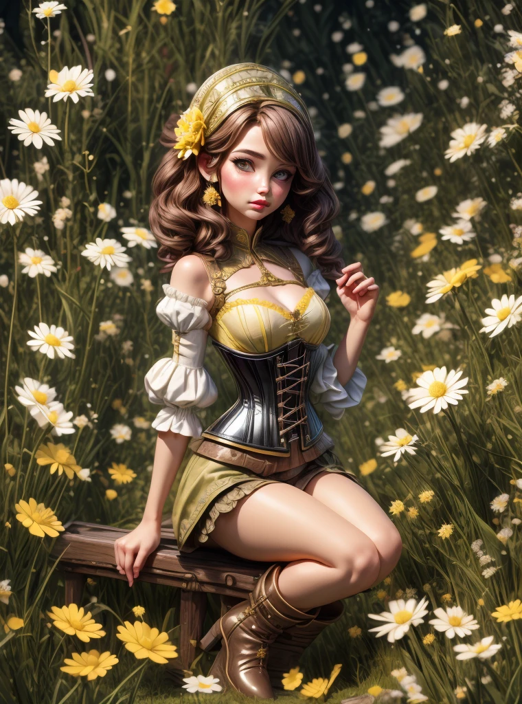 8k, masterpiece, highly detailed, 1girl, (yellow underbust corset), long dress, fairytale, sorcerer, magic, pouty lips, spell book, daisies, field, pouches, high heels, knee high boots, flower magic, flower druid