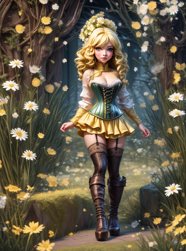 8k, masterpiece, highly detailed, 1girl, (yellow underbust corset), long dress, fairytale, sorcerer, magic, pouty lips, spell book, daisies, field, pouches, high heels, knee high boots, flower magic, flower druid
