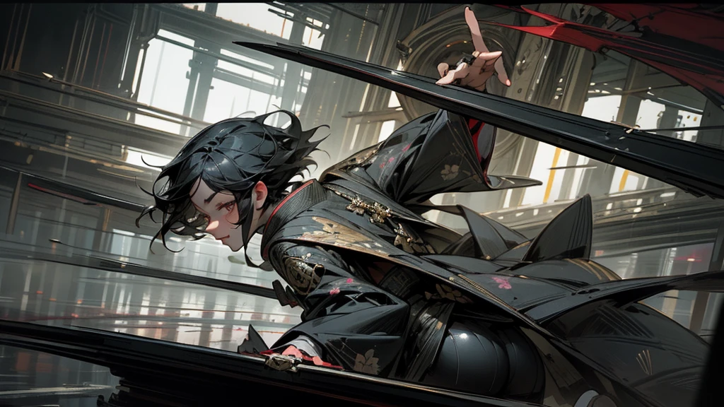 masterpiece,Highest quality,Ultra-fine illustrations,Very detailed,Beautiful background,Perfect Face,Perfect hands,Dynamic Angle,Ink painting style,ass pov,Dynamic Scene,kimono,knife,short hair,rain,battlefield,Beautiful background,Fearless Smile,Good slash