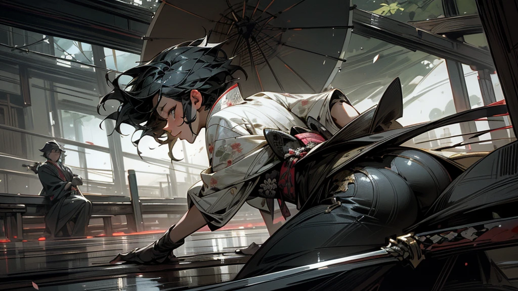 masterpiece,Highest quality,Ultra-fine illustrations,Very detailed,Beautiful background,Perfect Face,Perfect hands,Dynamic Angle,Ink painting style,ass pov,Dynamic Scene,kimono,knife,short hair,rain,battlefield,Beautiful background,Fearless Smile,Good slash
