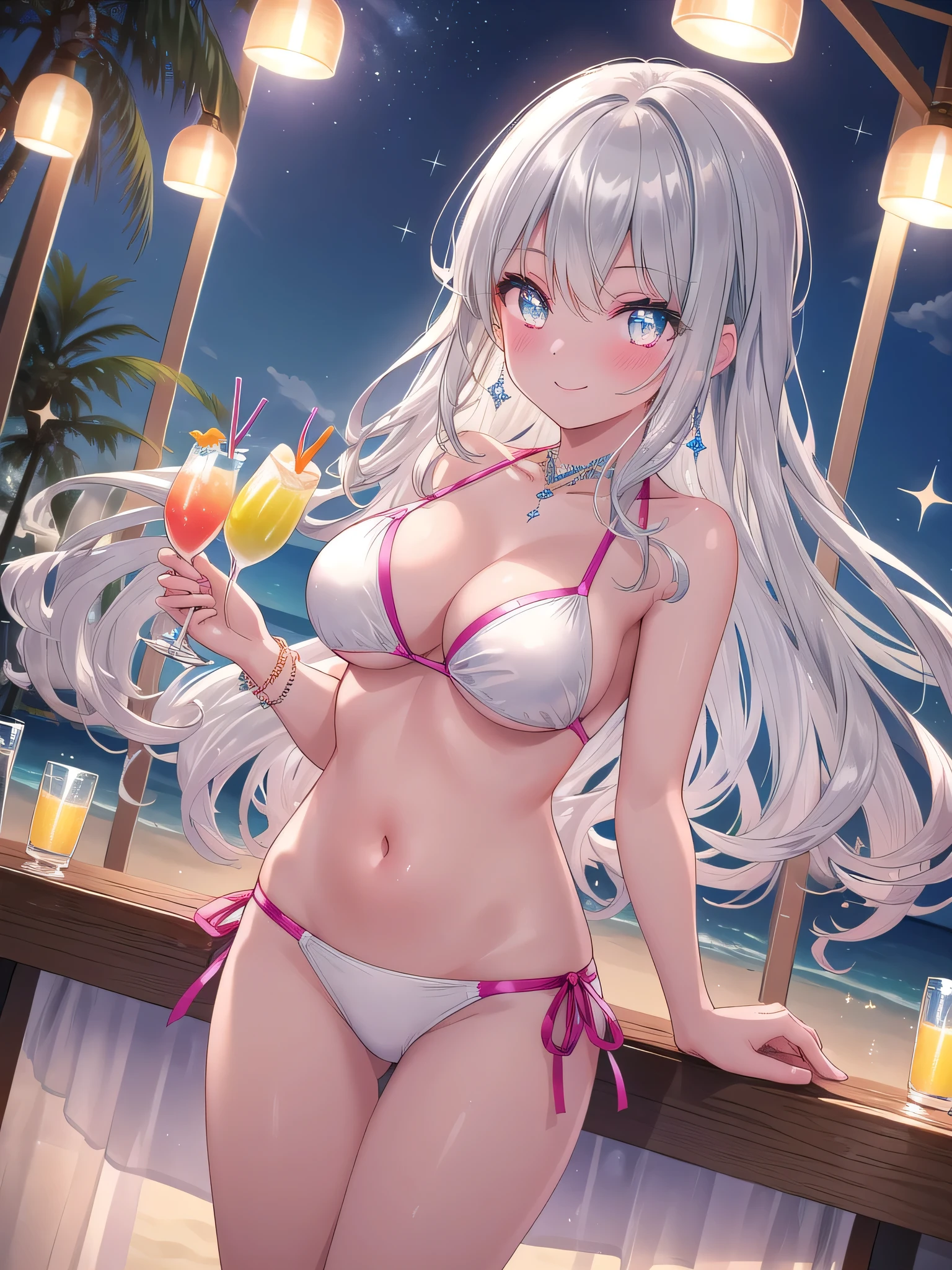 ((8K, Highest Quality, Best:1.3)), Ultra High Resolution, (1 Girl, 1 Person), (Color Changing Eyes, Super Detailed, Expressive Sparkle, Sparkling, Glowing Eyes), Highly Detailed Eyes, Highly Detailed Face, Random Hair, (Silver Gray Color)) A seductive woman in a swimsuit. The background is a beach bar at a luxury resort, lit up at night, creating a gorgeous and y atmosphere. Tropical cocls and champagne are lined up on the counter of the beach bar, creating a night resort atmosphere. The woman has long silver hair flowing forward and is wearing a bikini with silver glitter. The top of the bikini is decorated with beads and sequins, and the bottom has a sexy den with a slit. The angle is from a perspective looking down from above the counter, capturing her leaning against the counter and holding a glass. She is blushing and smiling charmingly, and the reflection of the lights in the background gives the whole thing a fantastic glow.