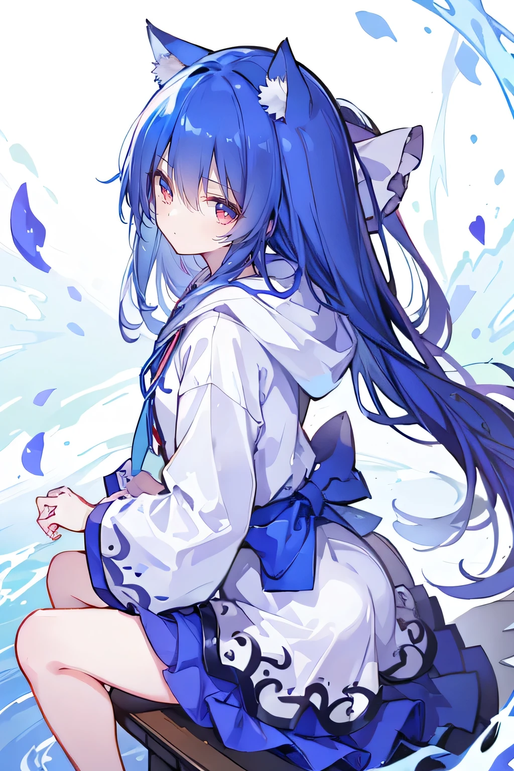 (masterpiece:1.2),Super detailed,lifelike,Expressive eyes,fair skin,perfect face shape,1 girl,
Japanese comics,Gorgeous blue hair,flowing blue hair,flowing clothes,Cat ears,Petals fall,beautiful lola,Baby Angel,
Shaking head with one hand,Cross your legs,Gentle and peaceful background,The pavilion is cool and comfortable,smile, wearing hoodie, background of tokyo,back views,snowing, winter.