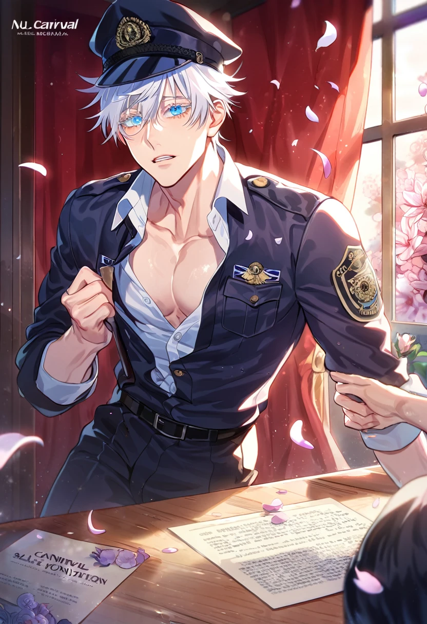 absurdres, highres, ultra detailed, HDR, master piece, best quality, Gojou Satoru, white hair, expressive blue eyes, white eyelashes, Jujutsu Kaisen, solo, sexy man, handsome, horny, lewd, black police officer clothes, unbuttoned shirt, black hat, fantasy, police station, window, petals, flowers, room, red curtains, Nu Carnival 