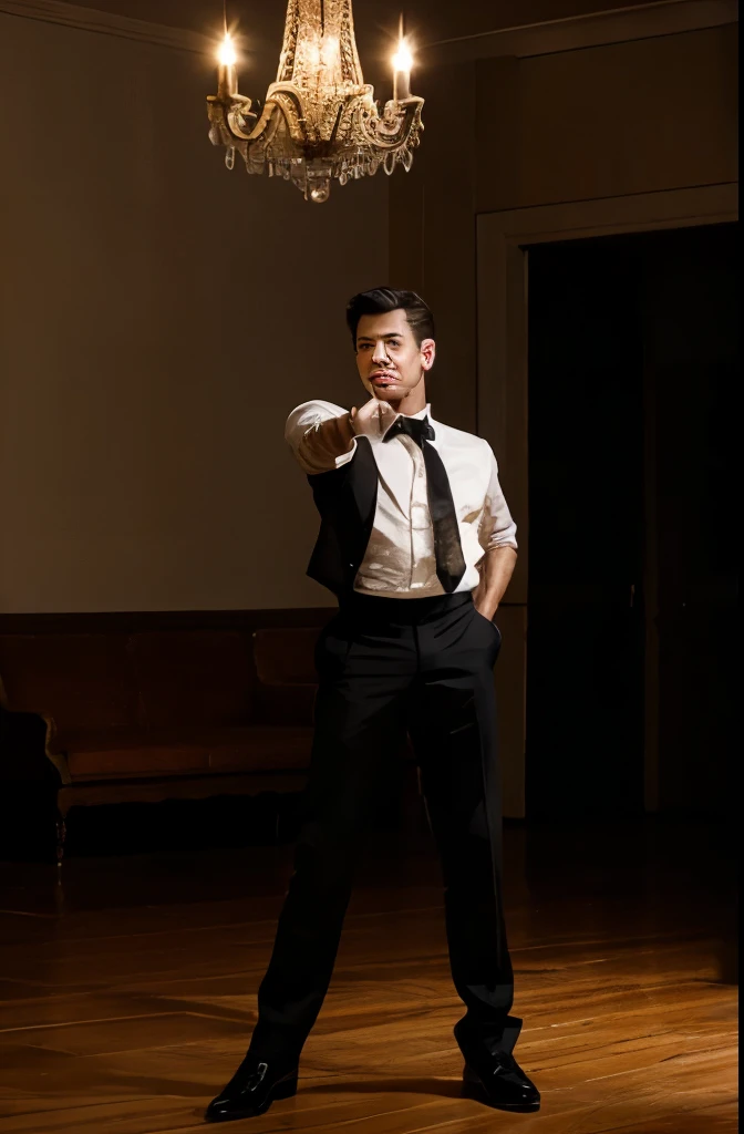 Boy dancing with elegant lucifer with vintage background