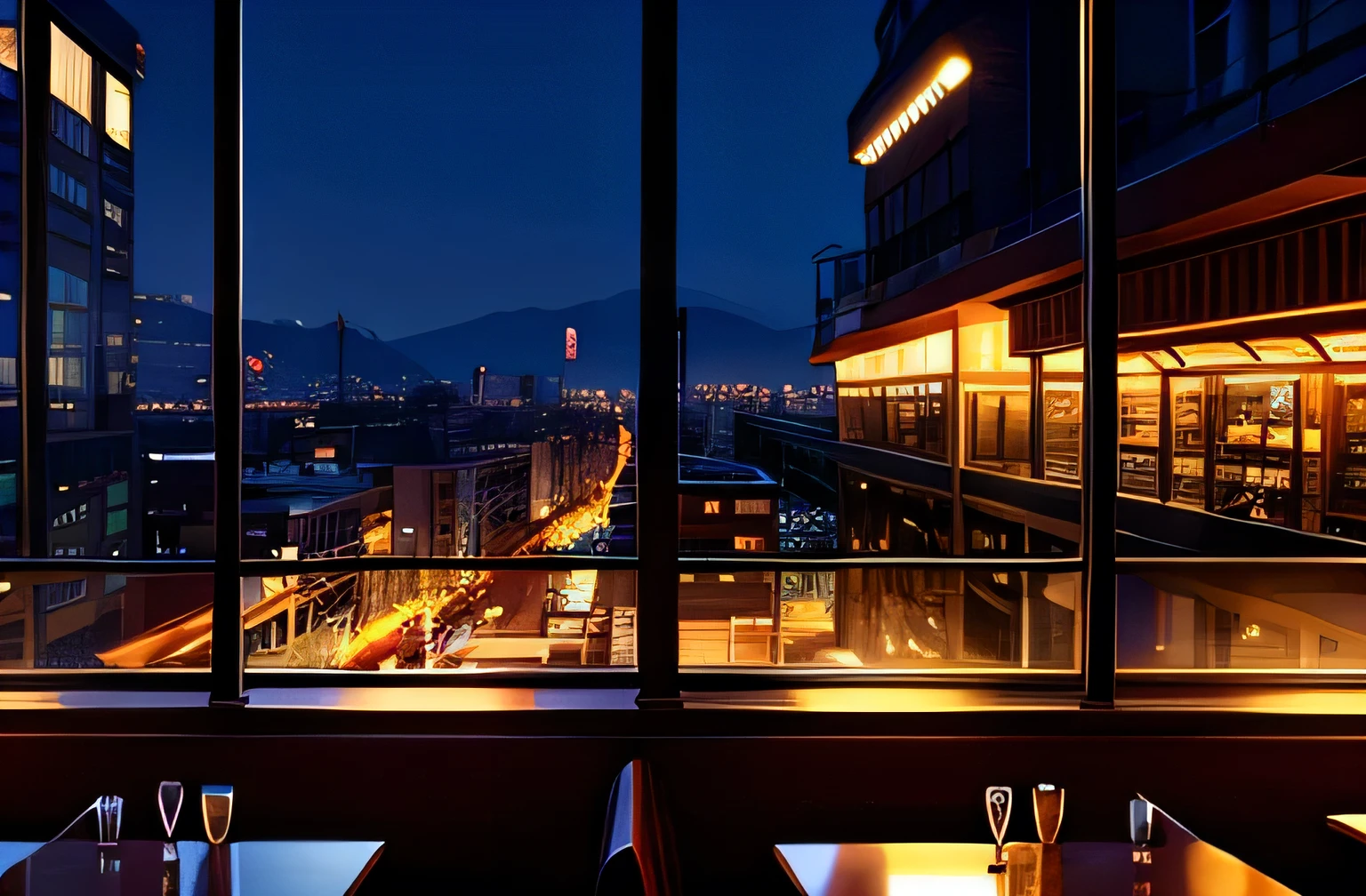 Highest quality,background,restaurant,Window,night,Side view