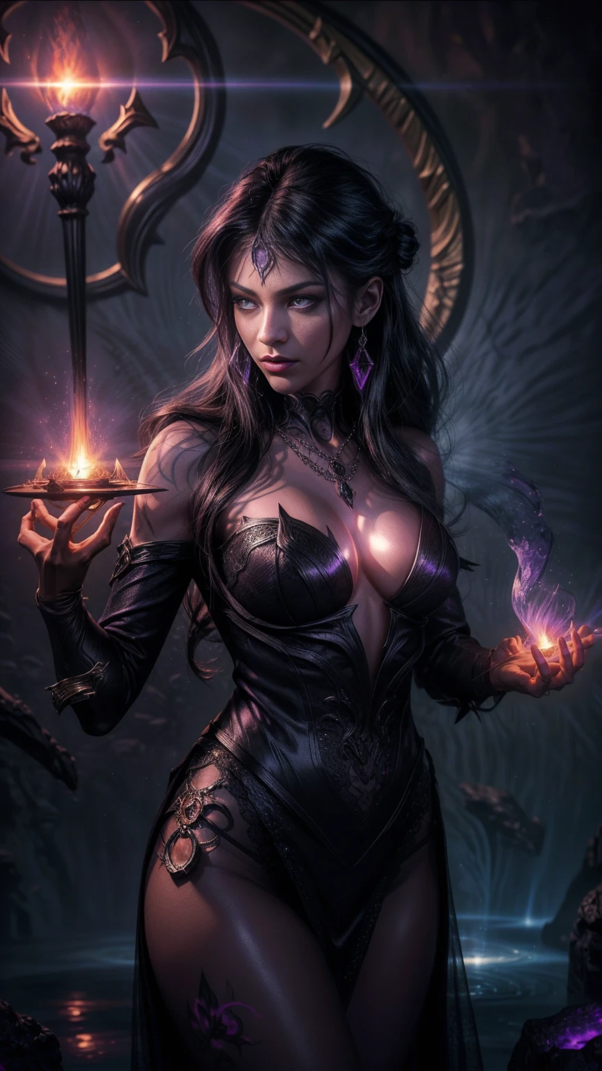 (blazing purple flames), (pitch black, shadowy figure), (intense gaze), (mysterious aura), (sinister presence), (enigmatic beauty),(flowing dark hair), (fierce expression), (ethereal atmosphere),(magnetic presence), (subtle hint of danger), (dramatic lighting), (intricate details on her face), (translucent skin), (glowing tattoos),(mystical energy surrounding her), (smokey tendrils), busty, (black satin panties), (see-through), (silver jewelry), (shimmering amethyst necklace),(ominous background), (faint whispers in the air), (eerie silence), (submerged in darkness),(unseen powers), (casting spells), (controlling shadows), (magical prowess), (supernatural abilities), (spellbinding beauty),(intense and captivating), (powerful aura), (mythical enchantress), (bewitching presence), (captivating the viewer), (hauntingly beautiful),(contrast of light and darkness), (mystical elements), (ethereal glow), (purple hued world), (hypnotic and surreal),(masterpiece:1.2), (ultra-detailed),(realistic,photorealistic,photo-realistic:1.37)