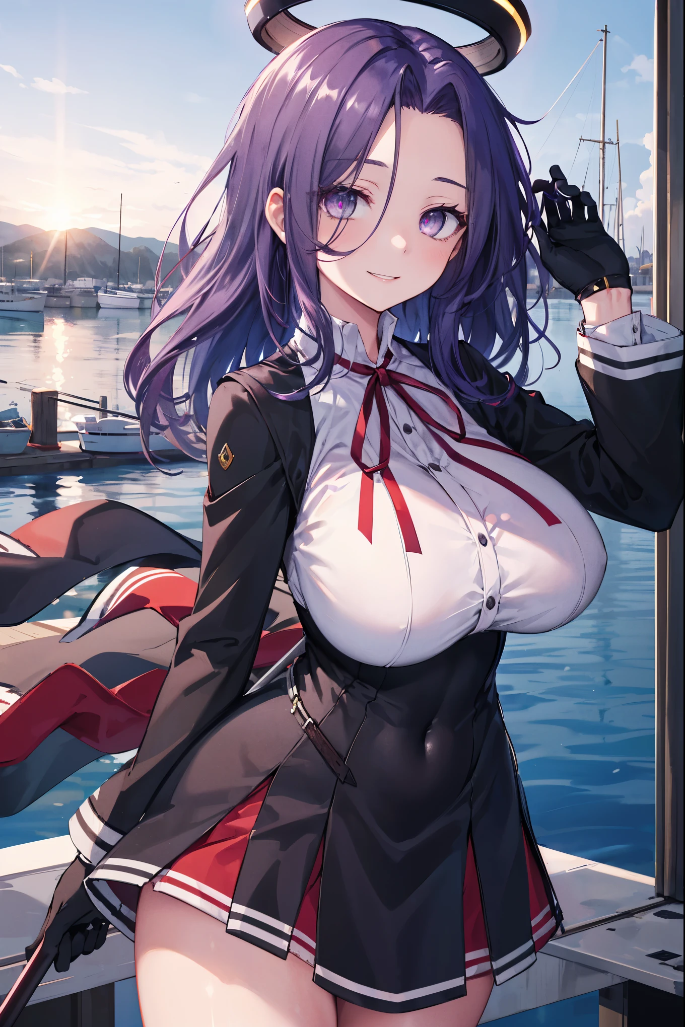 masterpiece, best quality, highres, mechanical halo, (gigantic_breasts:1.2), black dress, neck ribbon, long sleeves, black gloves, outdoors, cowboy shot, standing, holding weapon, polearm,smile,,harbor_town_landscape,purple_halfeyes,(scornful eyes:1.4)