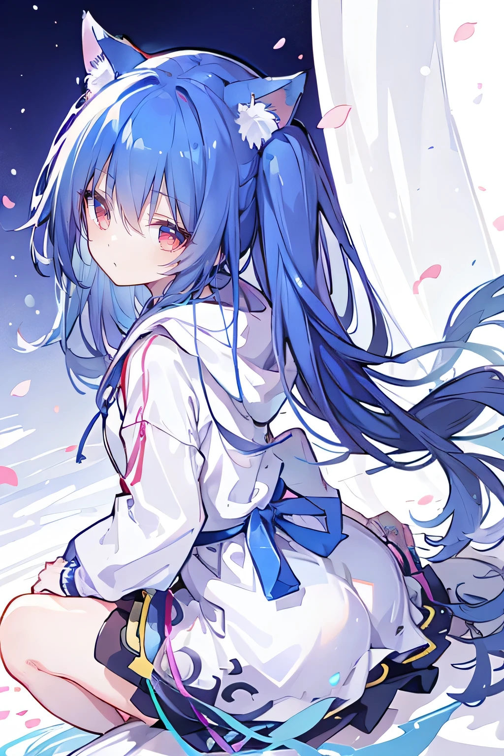 （masterpiece：1.2），Super detailed，lifelike，Expressive eyes，fair skin，perfect face shape，1 girl，
Japanese comics,Gorgeous blue hair,flowing blue hair,flowing clothes,Cat ears,Petals fall,beautiful lola,Baby Angel,
Shaking head with one hand，Cross your legs，Gentle and peaceful background，The pavilion is cool and comfortable,smile, wearing hoodie, background of tokyo,back views,snowing, winter.