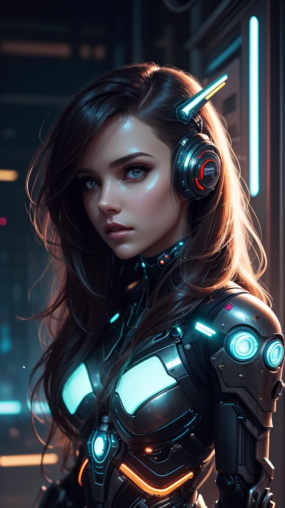 a woman with long hair and a futuristic outfit, portrait beautiful sci - fi girl, dreamy cyberpunk girl, beutiful girl cyborg, 4k highly detailed digital art, beautiful digital artwork, wlop. scifi, beautiful cyberpunk girl face, cyborg girl, cyborg - girl, 4k detailed digital art, cute cyborg girl, artgerm julie bell beeple