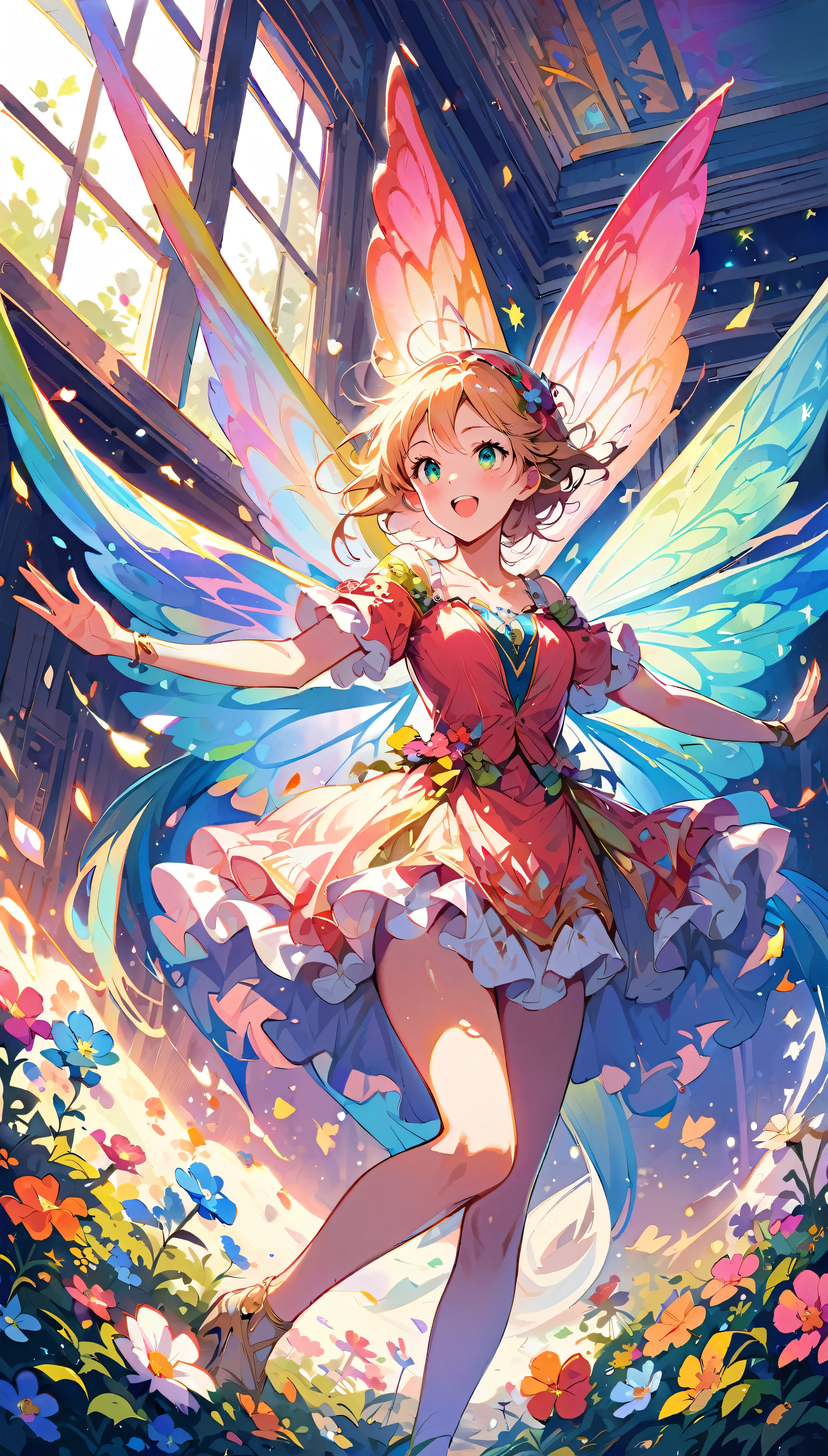 Dancing Fairies, ((Strange creatures outside your window, Focus on dancing fairies and flowers:1.2)), Beautiful detailed eyes, Beautiful detailed lips, Highly detailed faces and features, Long eyelashes, Shiny fairy wings, fairy dance:1.4, Dance Motion, ((A window to another world, Only the outside of the window connects to another world)), A safe space, A one-way window connecting the world, Powerful strokes, Excited state, strength, Impact, energy,