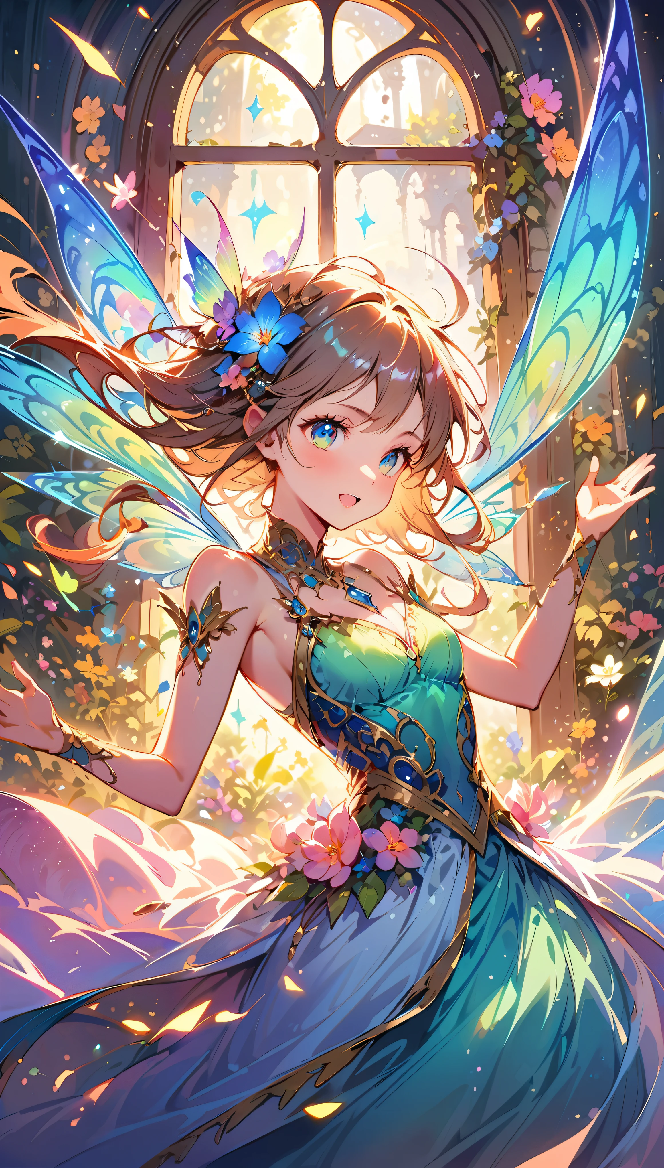 Dancing Fairies, ((Strange creatures outside your window, Focus on dancing fairies and flowers:1.2)), Beautiful detailed eyes, Beautiful detailed lips, Highly detailed faces and features, Long eyelashes, Shiny fairy wings, fairy dance:1.4, Dance Motion, ((A window to another world, Only the outside of the window connects to another world)), A safe space, A one-way window connecting the world, Powerful strokes, Excited state, strength, Impact, energy,