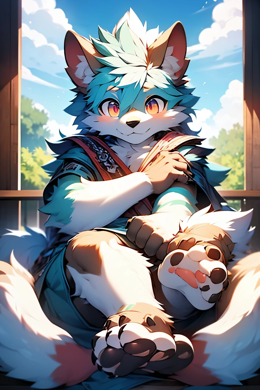 8k, Super Detail, precise, best quality,furry,fur,body fur,Solitary,rest,Wolf Boy,Canines,Cyan hair,White paws and pink pads,Orange pupils,Red V-shaped stripe on forehead,There are cloud-like patterns on the arms, Realistic格, ,Handsome,Rich plush texture, Animal anthropomorphism,Five-headed body,Reflexive legs,Realistic,hairy,Realistic