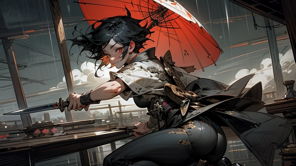 masterpiece,Highest quality,Ultra-fine illustrations,Very detailed,Beautiful background,Perfect Face,Perfect hands,Dynamic Angle,Ink painting style,ass pov,Dynamic Scene,kimono,knife,short hair,rain,battlefield,Beautiful background,Fearless Smile,Good slash