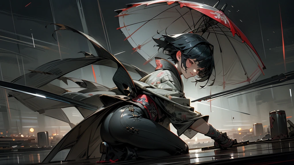 masterpiece,Highest quality,Ultra-fine illustrations,Very detailed,Beautiful background,Perfect Face,Perfect hands,Dynamic Angle,Ink painting style,ass pov,Dynamic Scene,kimono,knife,short hair,rain,battlefield,Beautiful background,Fearless Smile,Good slash