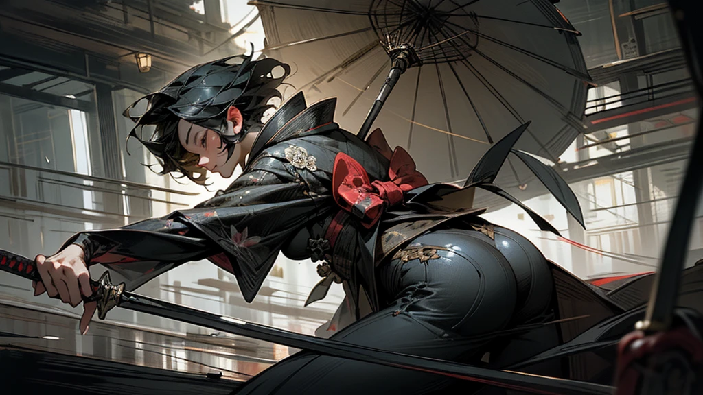 (photo realistic:1.4), (hyper realistic:1.4), (realistic:1.3),(increase cinematic lighting quality:0.9),Elaborate female ninja,huge butt,Elaborate patterns ninja mask,Elaborate patterns Ninja cape,Elaborate patterns Ninja hood,Slingshot swimsuit,carries a Japanese sword on his back,(twilight:1.2),japanes City of the period drama