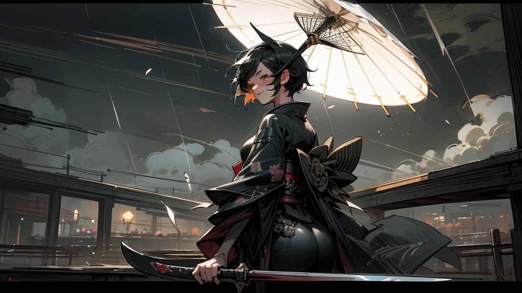 masterpiece,Highest quality,Ultra-fine illustrations,Very detailed,Beautiful background,Perfect Face,Perfect hands,Dynamic Angle,Ink painting style,ass pov,Dynamic Scene,kimono,knife,short hair,rain,battlefield,Beautiful background,Fearless Smile,Good slash


