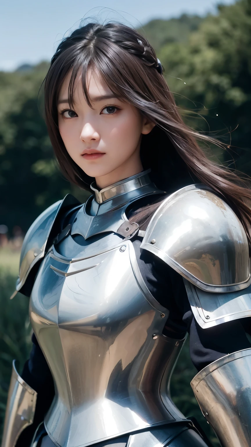 best quality、masterpiece、8k、realistic、超high resolution、Very delicate and beautiful、high resolution、Cinema Lighting、Medium-range shooting、portrait、perfect female body、Beautiful woman、mature woman、the opposite、Put your hand on your head、Looking at the audience、grassland、異世界から来たファンタジー女article、(Armor emphasizing the chest area、big bust)、knife、shield、articleの紋章、long hair、helmet、Armor Plate、leather armor、combat boots、waist mounted weapon、beautiful and strong face、Eyes full of determination、article道、word、roar、article'promise、potential magical powers、scars from past battles