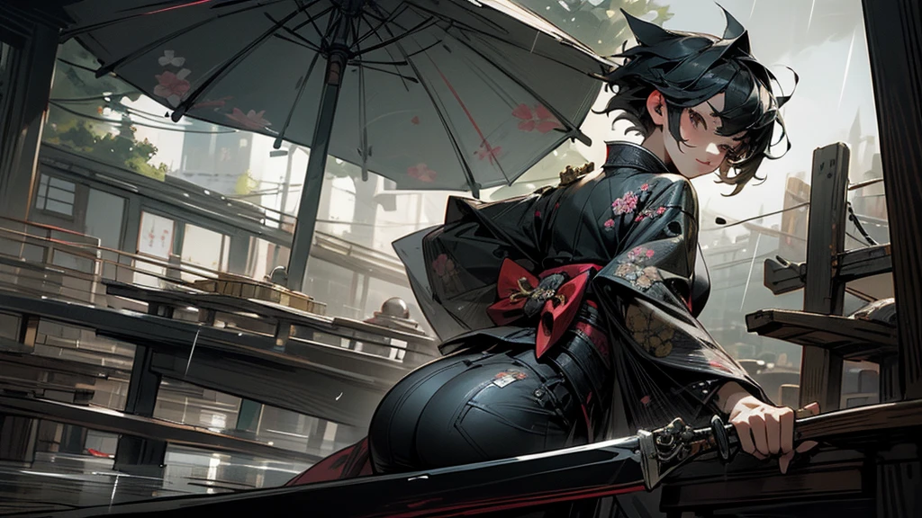 masterpiece,Highest quality,Ultra-fine illustrations,Very detailed,Beautiful background,Perfect Face,Perfect hands,Dynamic Angle,Ink painting style,ass pov,Dynamic Scene,kimono,knife,short hair,rain,battlefield,Beautiful background,Fearless Smile,Good slash