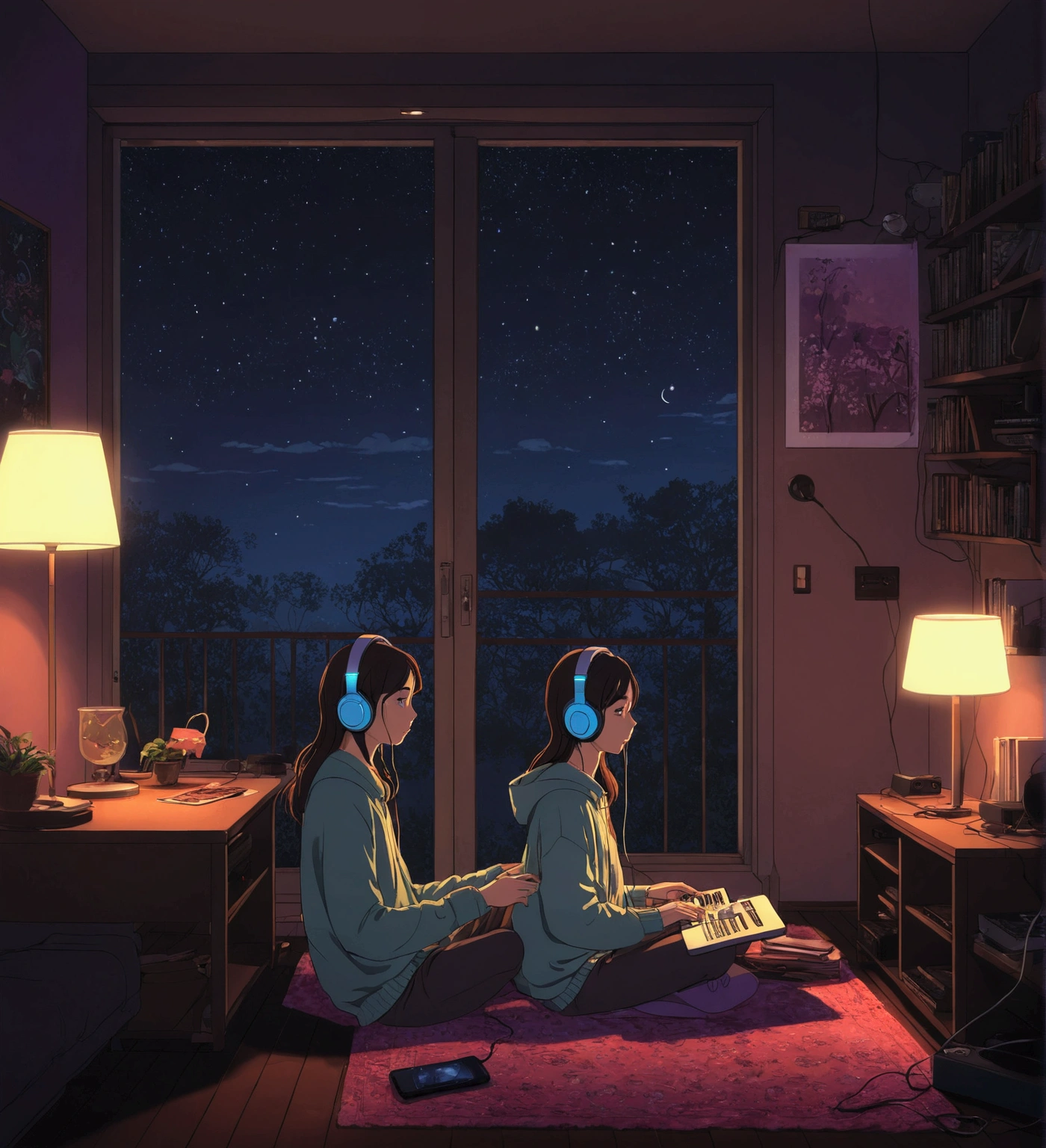 night、Girl listening to music in a cozy room, Using headphones, 2D-style animation, Lo-Fi, hard disk, Dark Environment