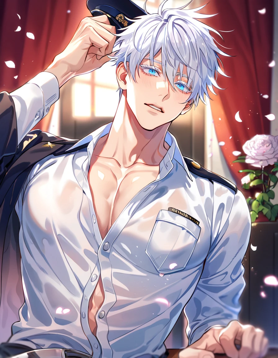 absurdres, highres, ultra detailed, HDR, master piece, best quality, Gojou Satoru, white hair, expressive blue eyes, white eyelashes, Jujutsu Kaisen, solo, sexy man, handsome, horny, lewd, black police officer clothes, unbuttoned shirt, black hat, fantasy, police station, window, petals, flowers, room, red curtains, Nu Carnival