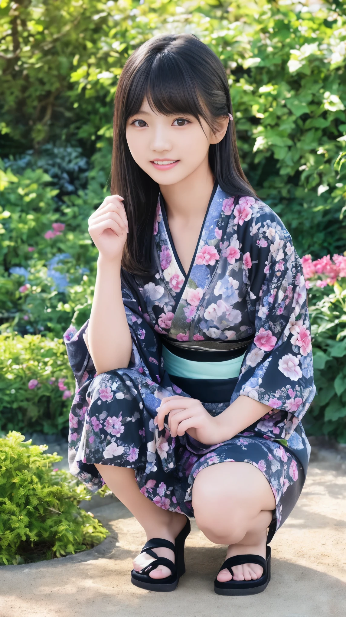 最high quality、high quality、Best image quality、8k、最High resolution、High resolution、最high quality、masterpiece、RAW Photos、Full body photo、Detailed and realistic human body、Detailed and realistic skin、Realistic face in every detail、Detailed and realistic eyes、Detailed and realistic lips、Detailed and realistic teeth、Detailed and realistic ears、Detailed and realistic hair、Realistic reproduction of every detail、((Beautiful Hands(thumb1、reference4))、Realistic feet down to the last detail、((Beautiful Japanese Girl))、((Junior.Idol))、(())、((Cute Japanese 12 year old girl))、((Y、、((Black Hair))、((Random Hairstyles))、((immature body shape))、((Flat Chest))、((Small breasts))、((Glossy skin all over、Fair skin))、Soft natural light、Mini Kimono、Mini Ninja Costume、Japanese made sandals、Japanese tradition、Japanese garden、((Colorful floral pattern(Sexy Kimono))、((Squatting in the garden(Poses to make your thighs look beautiful))