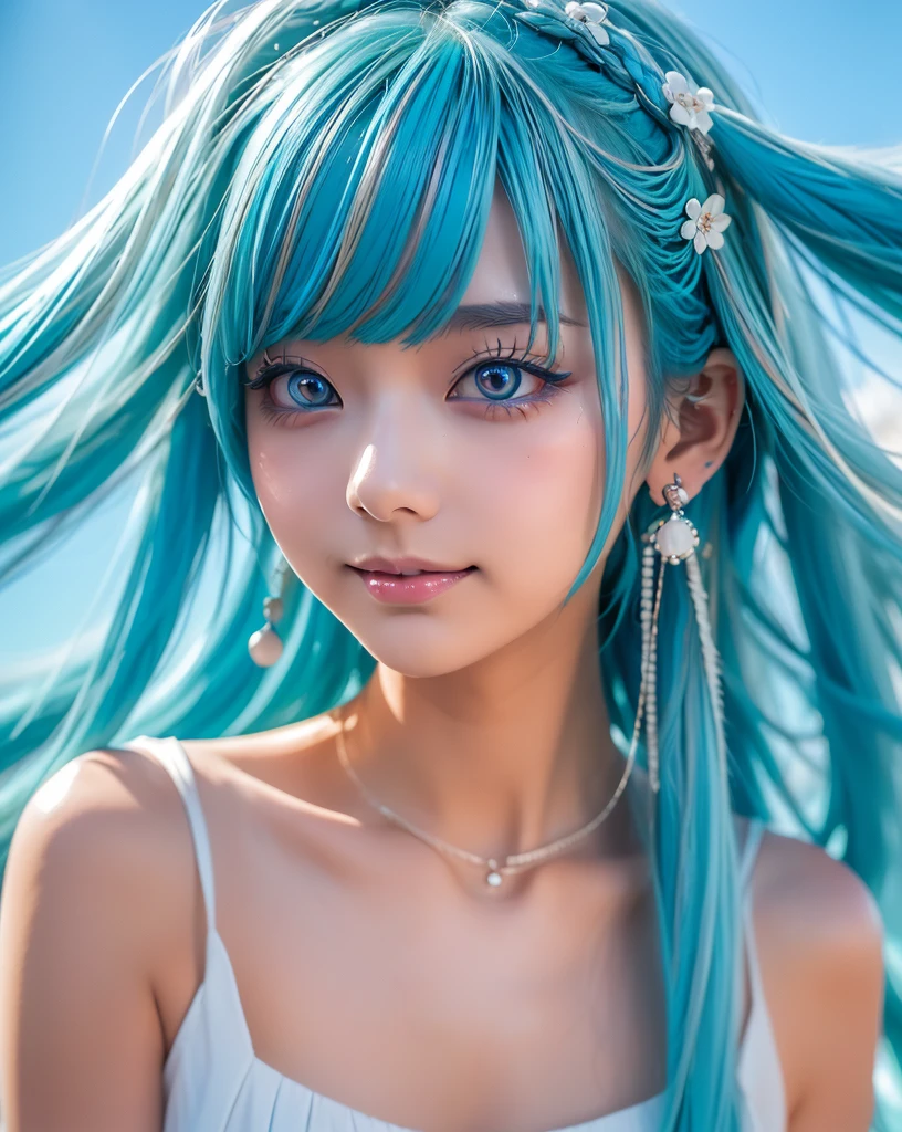 (Highest quality, 32K, High resolution, Masterpiece:1.5), marimo_jet, god々A photograph with brilliant dazzling and healing power., Evoking a sense of calm and elusive beauty, Expressing emotions, Have a rich imagination, Beautiful Japanese Girls, ((Low angle view:1.2)), An exceptionally beautiful face, Small Face Beauty, Perfect Human Anatomy, Magical big eyes, Motherhood and generosity, Deep Love, fleeting smile, ((Shiny light blue hair:1.3)), ((Beautiful long hair swaying in the wind)), Asymmetrical bangs, Hair between the eyes, Transparent, soft white skin, Sharp eyebrows, Thin lashes, Natural Makeup, Cheek highlighter, Pale pink detailed lips, (White dress:1.4), High resolutionの美しい太もも, Beautiful legs, ((Detailed blue sky background:1.3)), Professional photographer, Professional Lighting, Professional models, god秘的