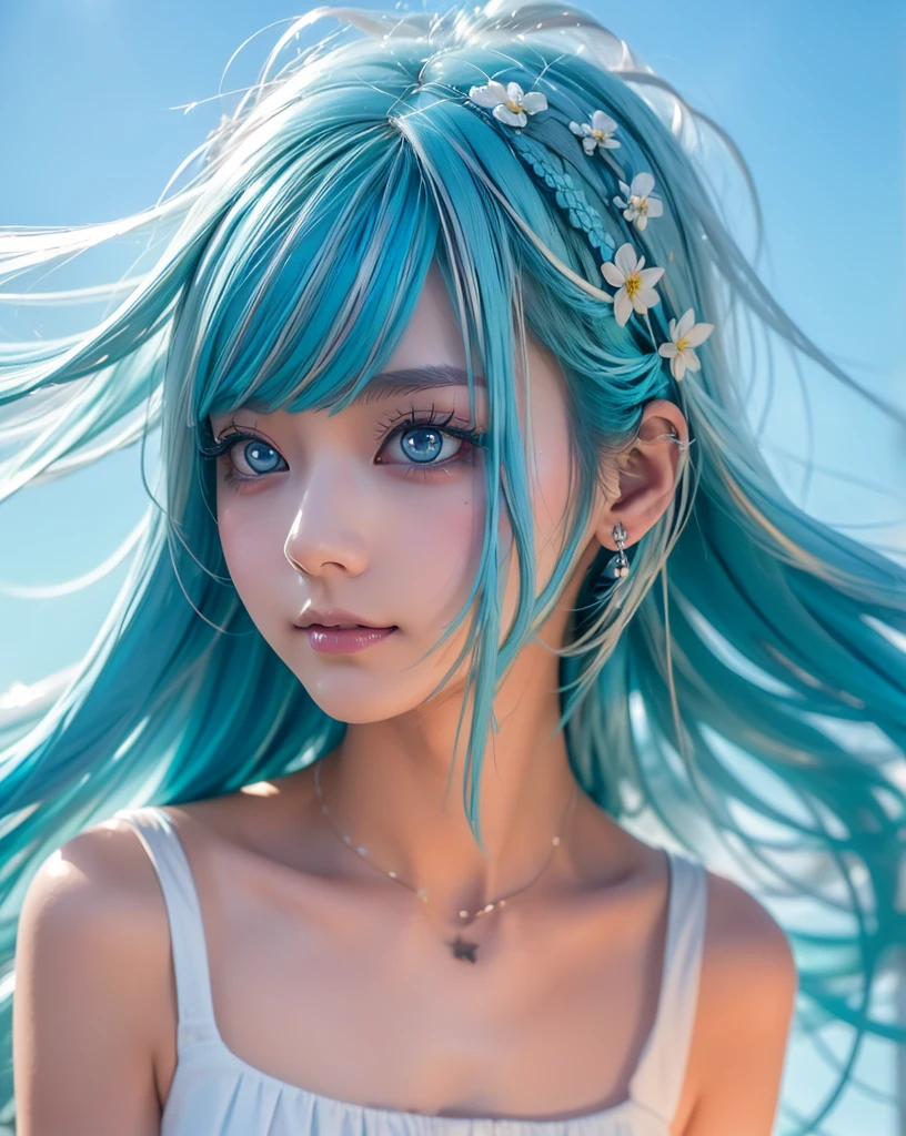 (Highest quality, 32K, High resolution, Masterpiece:1.5), marimo_jet, god々A photograph with brilliant dazzling and healing power., Evoking a sense of calm and elusive beauty, Expressing emotions, Have a rich imagination, Beautiful Japanese Girls, ((Low angle view:1.2)), An exceptionally beautiful face, Small Face Beauty, Perfect Human Anatomy, Magical big eyes, Motherhood and generosity, Deep Love, fleeting smile, ((Shiny light blue hair:1.3)), ((Beautiful long hair swaying in the wind)), Asymmetrical bangs, Hair between the eyes, Transparent, soft white skin, Sharp eyebrows, Thin lashes, Natural Makeup, Cheek highlighter, Pale pink detailed lips, (White dress:1.4), High resolutionの美しい太もも, Beautiful legs, ((Detailed blue sky background:1.3)), Professional photographer, Professional Lighting, Professional models, god秘的