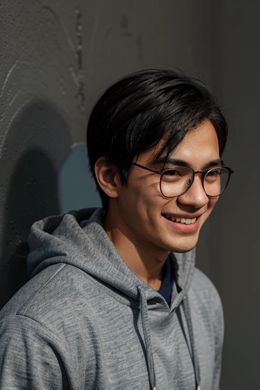A boy with black hair and dark brown eyes,gray wall background, wearing glasses,Blue hoodie, headphones hanging around his neck, Asian, handsome,ivory skin.laughing, smiling, sixteen.