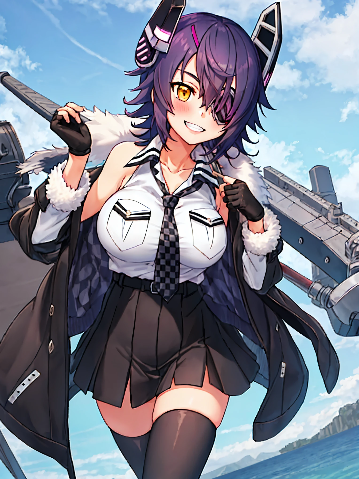 best quality, masterpiece, solo, {tenryuu_kantaicollection:1.15}, teen_girl, eyepatch, short_hair, purple_hair, yellow_eyes, headgear, breasts, necktie, large_breasts, smile, 1girl, blush, checkered_necktie, hair_over_one_eye, shirt, collared_shirt, white_shirt, jacket, sleeveless, brown_eyes, fur-trimmed_jacket, fur_trim, collarbone, looking_at_viewer, pocket, breast_pocket, ,, messy_hair, black_gloves, gloves, partially_fingerless_gloves,harbor_road_landscape_background,outdoor,short_skirt,thigh-highs,boots,sunlight,from_below,solo