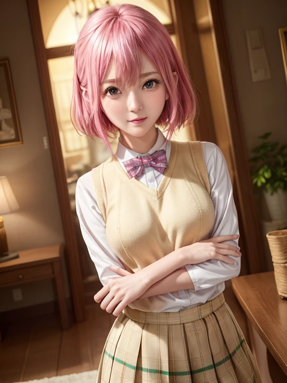 ph momo, momohd, phmomo, solo, 1girl,  pink hair, purple eyes, short hair, hair flower, sweater vest, ,(yellow sweater:1.2), big eyes, plaid skirt, black thighhighs, (masterpiece:1.6, best quality),  (finely detailed beautiful eyes: 1.2), ultra-detailed, illustration,beautiful detailed eyes, (yandere:1.4), (empty eyes),  backlighting, looking at viewer, blush, smile, (masterpiece, finely detailed beautiful eyes: 1.2), detailed eyes, hyper detailed,light smile, highly detailed, beautiful, small details, ultra detailed, best quality, intricate, hyperrealism, sharp, digital illustration, detailed, realism, intricate, 4k, 8k, trending on artstation, good anatomy, beautiful lighting, award-winning, photorealistic, realistic shadows, realistic lighting, beautiful lighting, raytracing, intricate details, moody, rule of thirds, masterpiece, (illustration:1.1), highres, (extremely detailed CG, unity, 8k wallpaper:1.1), beautiful face, highly detailed face, ultra realistic, masterpiece, bokeh, pink hair,extremely detailed, intricate, zoomout, colorful, vibrant colors, red nail polish, side view,standing,whole body,green skirt, plaid, plaid skirt, sainan high , , skirt, sweater vest,