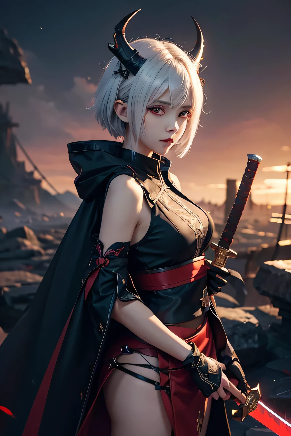 female anime character with short white hair with a sword in her left hand, there was a white demon figure with horns and red eyes, fangs on his right side, This anime wears black and red clothes, Demon Slayer Rui fanart, Demon Slayer art style, Anime badass 8 k, dari arknights, wallpaper anime 4k konachan terbaik, by Yang J, gapmoe yandere grimdark, Keqing from Genshin Impact, trending di artstation pixiv, very detailed, glitter, Wide, perfect detail, ultra HD, full body,