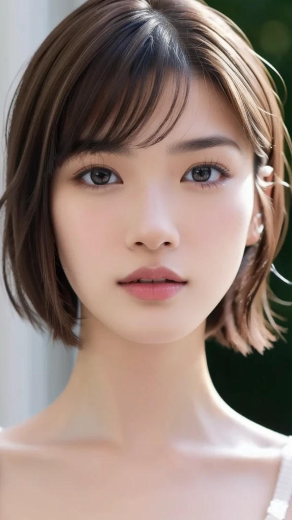 (NSFW), beautiful girl, brown eyes, ((beautiful slim age girl 18 year old, hair color [Brown highlights hair], [undercut pixie] hair)), ((big tits)), elected nipples, lips, realistic, narrow waist, charming, pink lipstick, colorful makeup, long eyelashes, wearing eyeliner, fair skin, (cute), (detailed face), detailed eyes, detailed iris, complete naked, complete closed mouth,