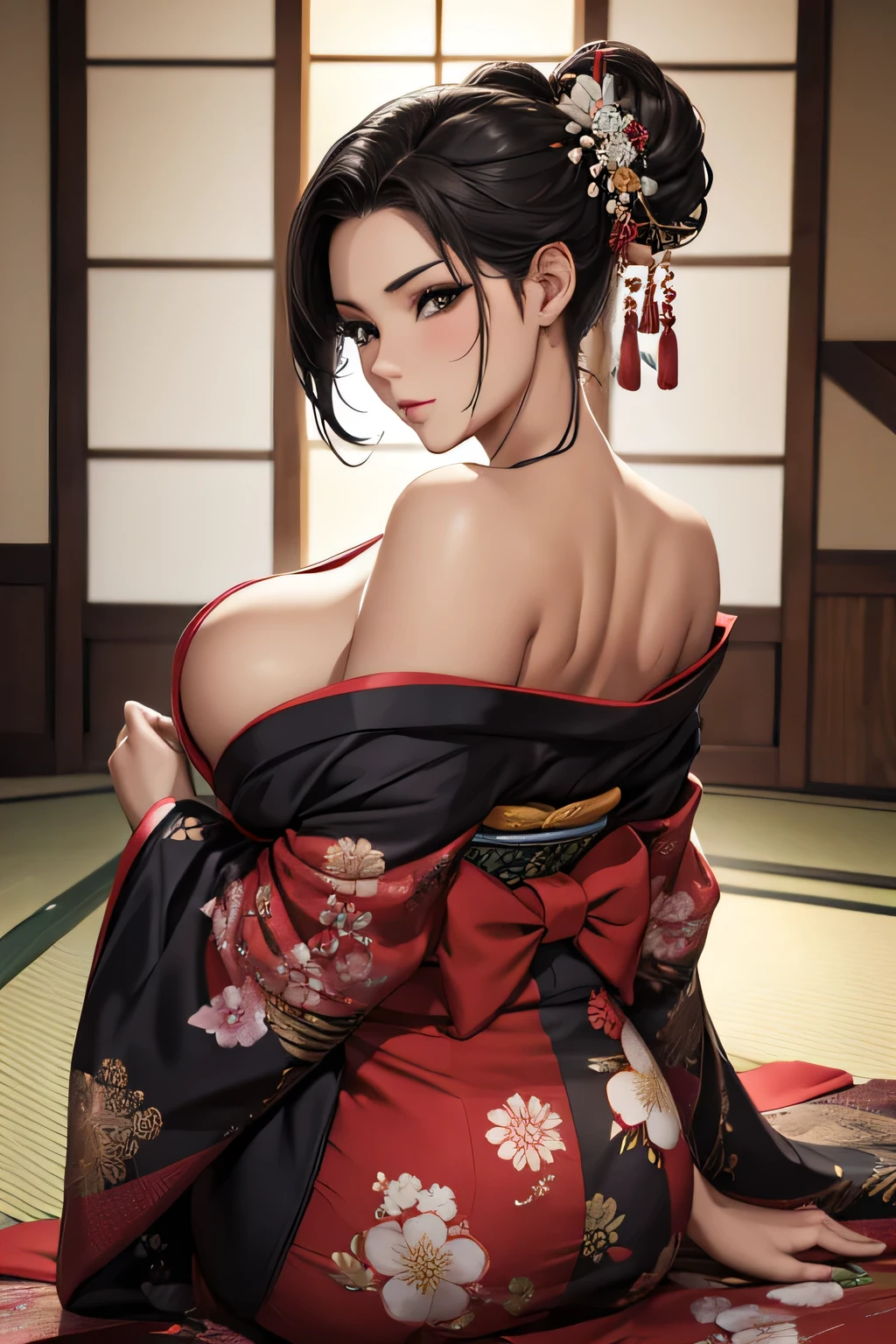 Sexy back, Attractive woman in traditional Japanese kimono, alone, Strapless off-shoulder kimono, Dark brownish black hair, Detailed and realistic skin texture, High contrast attractive skin tones, Captivating soft make-up, BREAK Luxury Japanese Kimono, Detailed silk texture, Silk luster, Fine and supple, Vibrant colors, Skin tension that accentuates cleavage, BREAK Gorgeous patterns on kimonos, Detailed and intricate coloring, Aesthetic high contrast, Healthy Skin, BREAK A bold composition that seduces the viewer, Absurd aesthetics, BREAK Full Body Shot, 