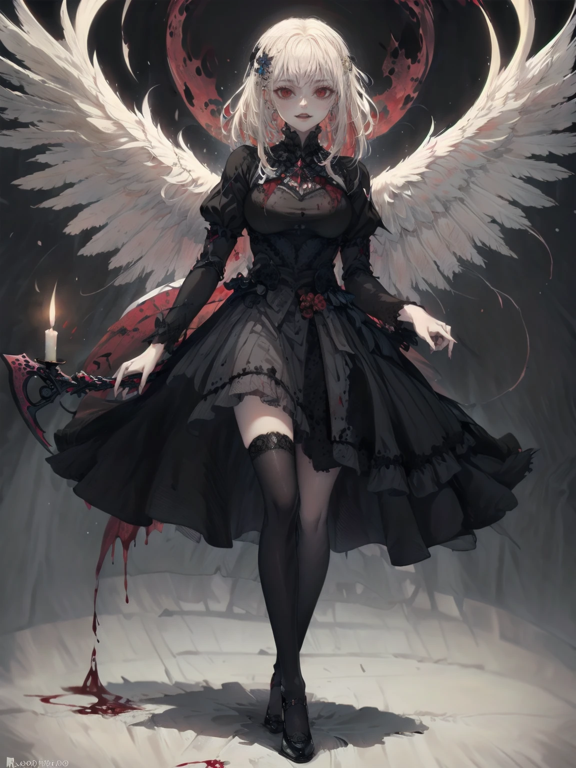 masterpiece, Highest quality, High resolution,(Highest quality,4K,High resolution,masterpiece:1.2),Very detailed,Realistic:1.37,masterpiece, Highest quality, Exquisitely crafted, woman, beautiful, elegant, smile, Blood, iridescent Long Hair, bangs, skirt, shirt, Long sleeve, Frills, shoes, (Red and Black:1.4), flower, spooky, Horror, head蓋Bones, Long Hair, Black Hair, Candles, Blood, hair flower, Dead, hair ornaments, Bone, 人形Horror (theme),spooky altar background,Dark fantasy,Red color scheme,Ominous atmosphere,eyeを引く,Storytelling,Anime Style,Concept Art,beautiful細部までこだわった顔と (((赤いeye ))),A terrifying ritual ,Satanic Ritual,humanoid,クレイジーなsmile,Scythe Face,Girl Monster, beautiful, Delicate facial features, 鋭いeye, Sharp Fangs, 青White skin, blonde,robot,Cursed Painting, Dark Background, Cinema Lighting, Dramatic Shadows, Gothic style, Gloomy atmosphere, Dark fantasy, One Girl, , Please open your mouth wide, Open your mouth and baring your teeth,Sharp teeth like a beast, Wide lips, very wide mouth, Vermilion cheeks, ,(Bloodしぶき:1.4),Scary smile, smile,Fallen angel design, ねじれたsmile、Bloodまみれの、headからの出Blood,、Bloodしぶき、,(Bloodしぶき:1.4),Crossbones, head蓋Bone,Horror 一人の男の子, Cream colored hair, blonde, Pearly hair, nice boy, Pure white angel wings, Loose-fitting clothing, Larger clothes, dark red eye, eyeの下のたるみ, dark circles under eye, やみcute, Fluffy hair, Voluminous Hair, skinny, slim, very skinny, Androgynous, cute, spooky, short hair, Horror, Faded colors, White skin, spooky, Unnaturally thin, I&#39;I am hungry, eye, eye in background, sharp eye, Long eyelashes, Under the eyelashes, Loose shorts, レースshirt, Frillsshirt, Tie the ribbon&#39;head, Detailed clothing, A loose cardigan, Open cardigan, 滴るBlood, that&#39;terrible, nightmare, Haunted, stitch, patchwork, string, Injury, hell, Injury on arms, self-harm, cut, Blackfingers, factory, Abandoned, A dismembered ghost,Many heads,Many heads,Lots of faces,Multiple faces,Multiple Girls,Frolicking Girl,複数のwoman,tea ,クレイジーなsmile,look up,Face shot,Scythe Face,Girl Monster, slave,beautiful, Detailed portrait, Delicate facial features, 鋭いeye, Sharp Fangs, 青White skin, Thick chain, Dark Background, Cinema Lighting, Dramatic Shadows, Gothic style, Gloomy atmosphere, Dark fantasy, One Girl, , Please open your mouth wide, Open your mouth and baring your teeth,Sharp teeth like a beast, Wide lips, very wide mouth, Vermilion cheeks, ,(Bloodしぶき:1.6),Scary face, Laughter　Witch design, ねじれたsmile、Bloodまみれの、headからの出Blood,,、Bloodしぶき、,(Bloodしぶき:1.6),Crossbones, head蓋Bone,　, Horrorスタイル, ((Fantasy Witch Costume)), ((Flowing white hair)), ,(Bloodしぶき:1.6),womanの曲線, Large Breasts, Thick thighs, Sexy flat stomach, Perfect hands, Perfect anime face, ((dark lolita dress)), Are standing, ((邪悪なsmile)), ,(Bloodしぶき:1.6),Victorian cities, gaslight, Steam circulates, Moonlight Illumination, night lighting, A sky filled with stars and galaxies,disaster々new devil horns,,(Bloodしぶき:1.6),アニメゾンビWitch design, ねじれたsmile、Bloodまみれの、headからの出Blood,,、Bloodしぶき、,(Bloodしぶき:1.6),Crossbones, head蓋Bone,,Photo Background,Wide Shot,Scythe Face,Girl Monster, slave,beautiful, Detailed portrait, Delicate facial features, 鋭いeye, Sharp Fangs, 青White skin, Thick chain, Dark Background, Cinema Lighting, Dramatic Shadows, Gothic style, Gloomy atmosphere, Dark fantasy, One Girl, , Please open your mouth wide, Open your mouth and baring your teeth,Sharp teeth like a beast, Wide lips, very wide mouth, Vermilion cheeks, ,(Bloodしぶき:1.6),Scary face, Laughter　Witch design, ねじれたsmile、Bloodまみれの、headか