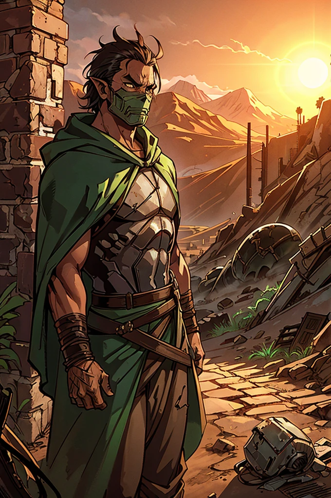 A waist-up shot of a green orc runner dressed in rugged, desert-tinted armor and a patched, hooded mantle. The orc’s face is hidden behind a heavy, reinforced mask designed to filter the harsh desert air. Their cloak is frayed and stained with dust, blending with the desolate, sun-baked landscape. The background shows the remnants of a crumbling wall, partially buried in sand, with ancient, rusted machinery in the distance.