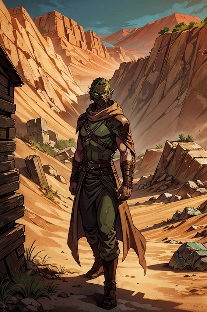 A waist-up shot of a green orc runner dressed in rugged, desert-tinted armor and a patched, hooded mantle. The orc’s face is hidden behind a heavy, reinforced mask designed to filter the harsh desert air. Their cloak is frayed and stained with dust, blending with the desolate, sun-baked landscape. The background shows the remnants of a crumbling wall, partially buried in sand, with ancient, rusted machinery in the distance.