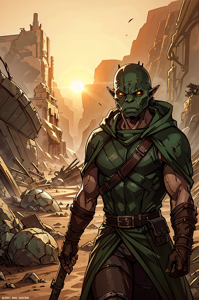 A waist-up shot of a green orc runner dressed in rugged, desert-tinted armor and a patched, hooded mantle. The orc’s face is hidden behind a heavy, reinforced mask designed to filter the harsh desert air. Their cloak is frayed and stained with dust, blending with the desolate, sun-baked landscape. The background shows the remnants of a crumbling wall, partially buried in sand, with ancient, rusted machinery in the distance.