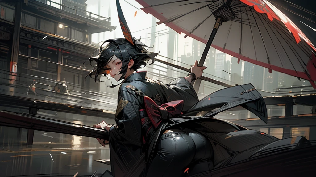 masterpiece,Highest quality,Ultra-fine illustrations,Very detailed,Beautiful background,Perfect Face,Perfect hands,Dynamic Angle,Ink painting style,ass pov,Dynamic Scene,kimono,knife,short hair,rain,battlefield,Beautiful background,Fearless Smile,Good slash