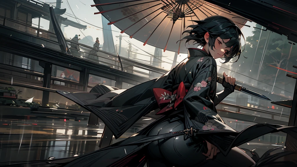 masterpiece,Highest quality,Ultra-fine illustrations,Very detailed,Beautiful background,Perfect Face,Perfect hands,Dynamic Angle,Ink painting style,ass pov,Dynamic Scene,kimono,knife,short hair,rain,battlefield,Beautiful background,Fearless Smile,Good slash