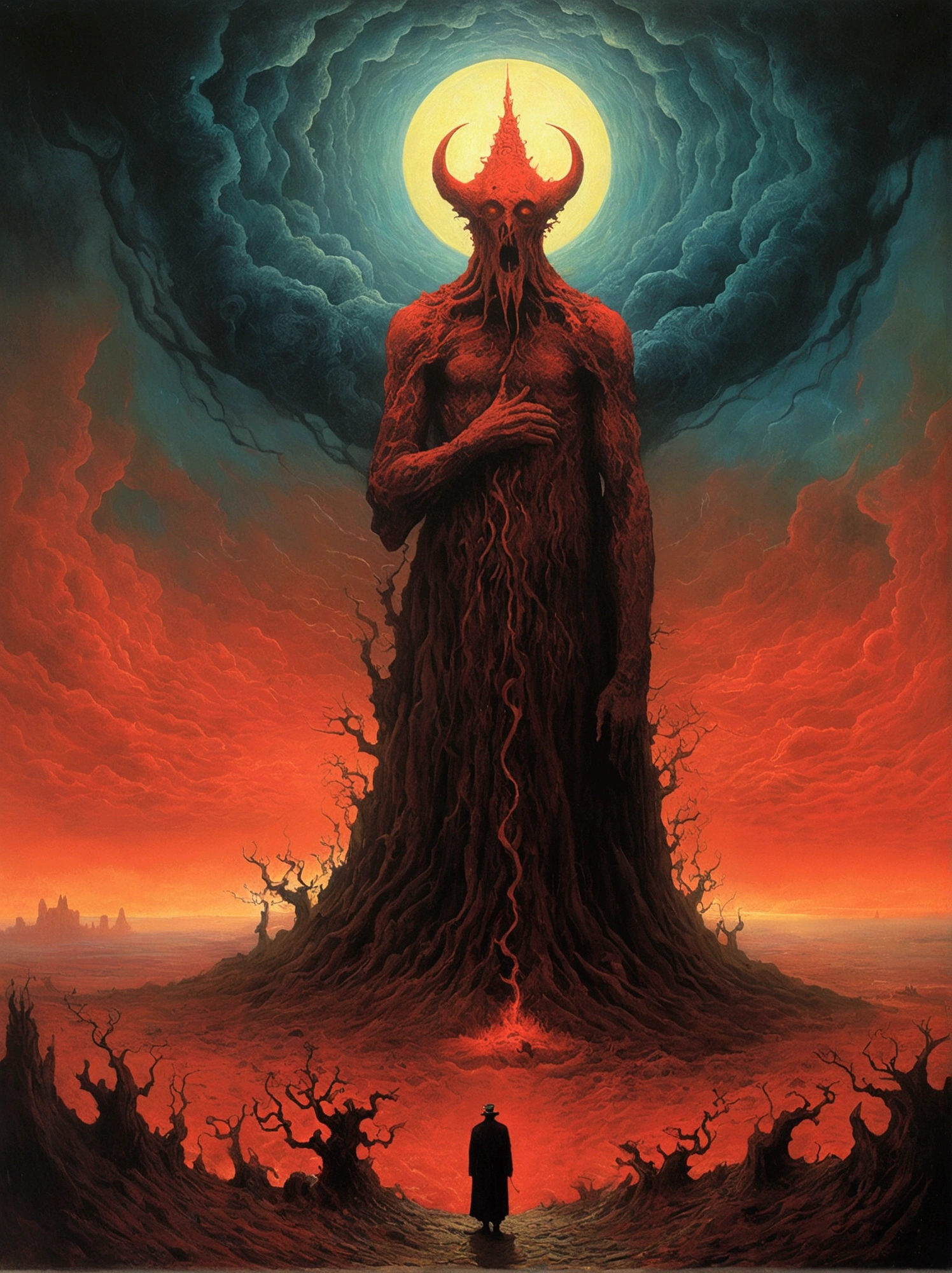Mythological Creatures, author:Zdzislaw Beksinski and Van Gogh, The album cover, Romantic, Surrealism, Futuristic ,Satan, coral, wizard, Abstract, dark, Red, hell, landscape